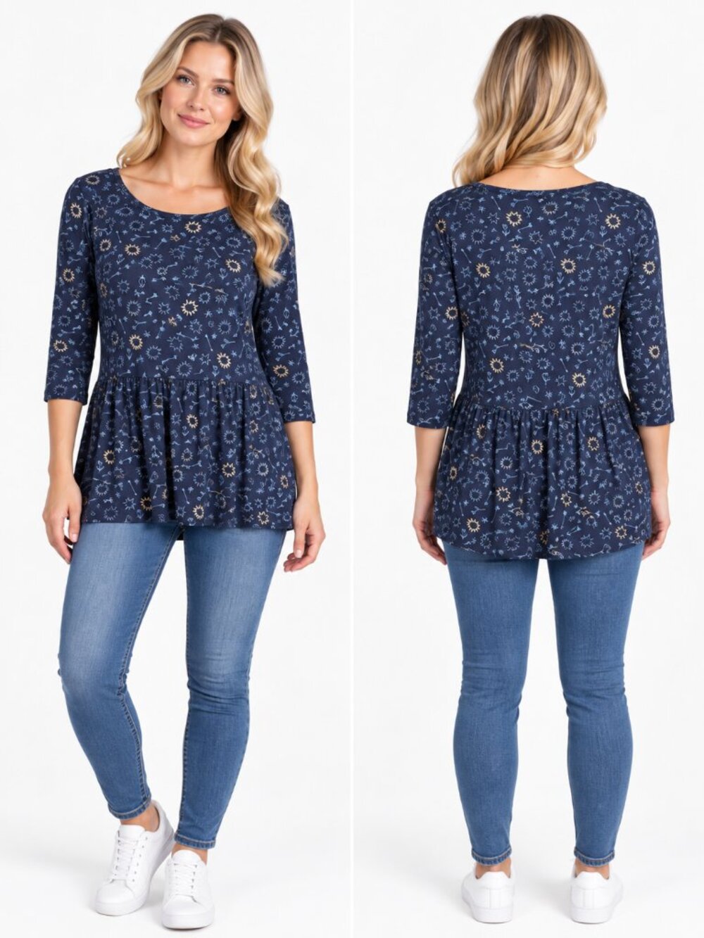 Boden Celestial Star Arrow Print Tunic Top Women's Navy Blue Size S Peplum
